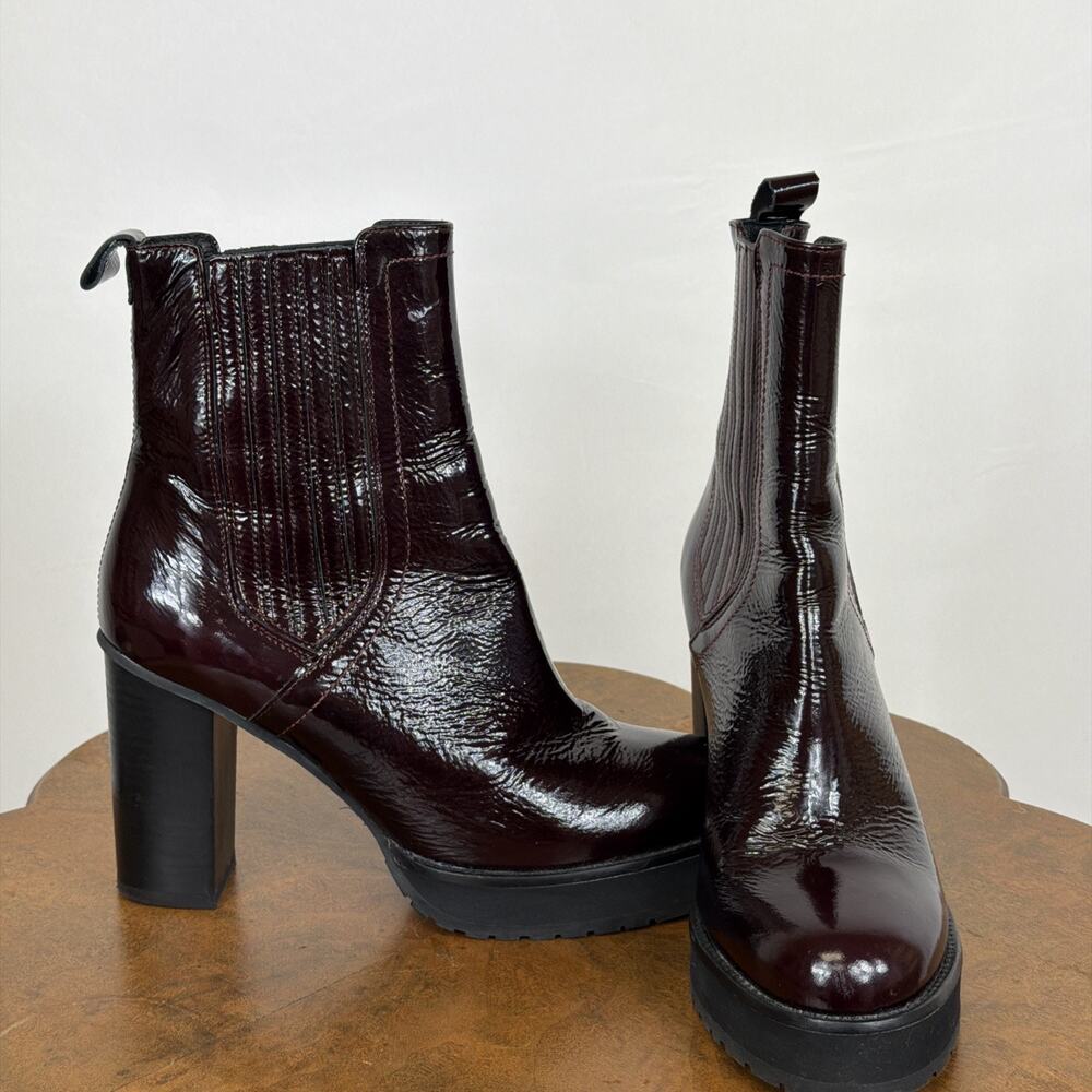 Kurt Geiger Burgundy Patent Leather Ankle Boots High Heeled Chelsea EU 40 Spain